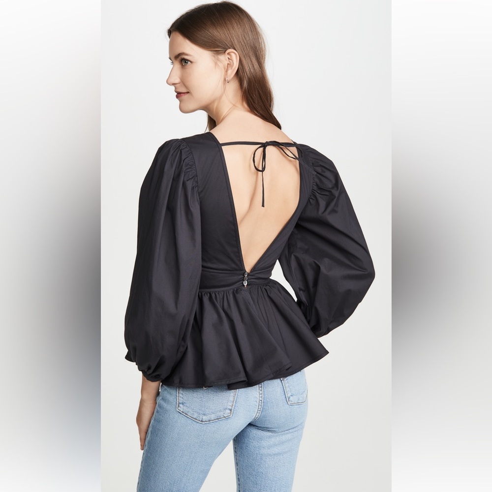 STAUD Luna Top Black Peplum Poplin Bold Sleeve Open Back - Picture 14 of 15